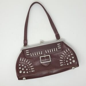 Vtg 90s Y2K Brown Leather Studded Short Strap Handbag Animal Print